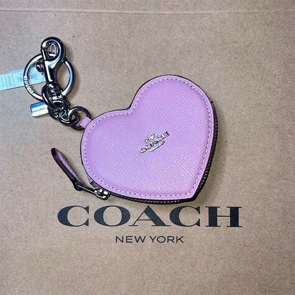 Coach Accessories - COACH Pink Leather Heart Bag Charm Coin Purse Keychain CP371 Silver Hardware NWT